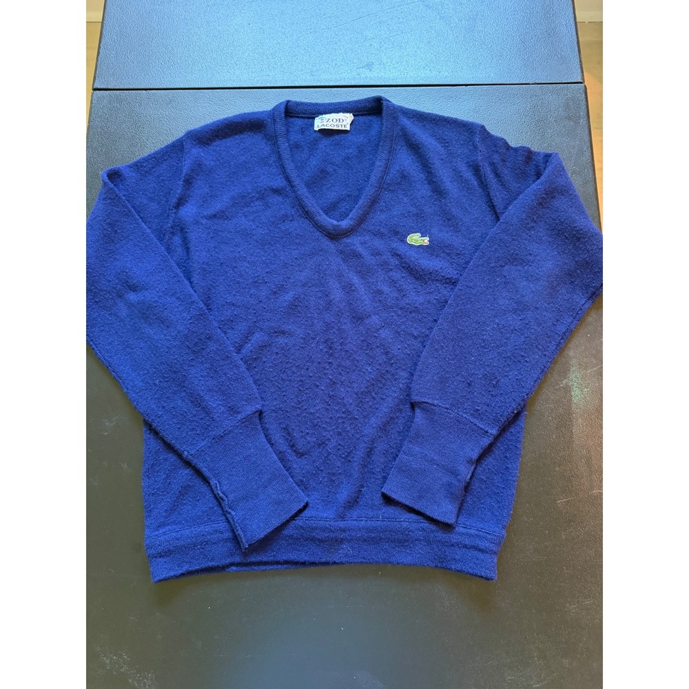 Vintage Izod Lacoste Mens V-Neck Sweater Blue Orlon Acrylic Large Crocodile Logo